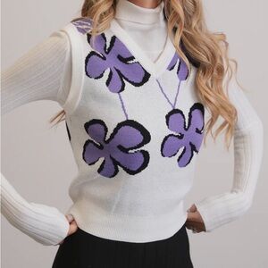 Floral Knit Sweater Vest - White and Purple
